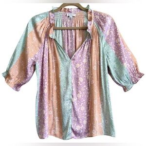 CURRENT AIR Colorful Multicolored Lightweight Peasant Floral Puff Sleeves Top M